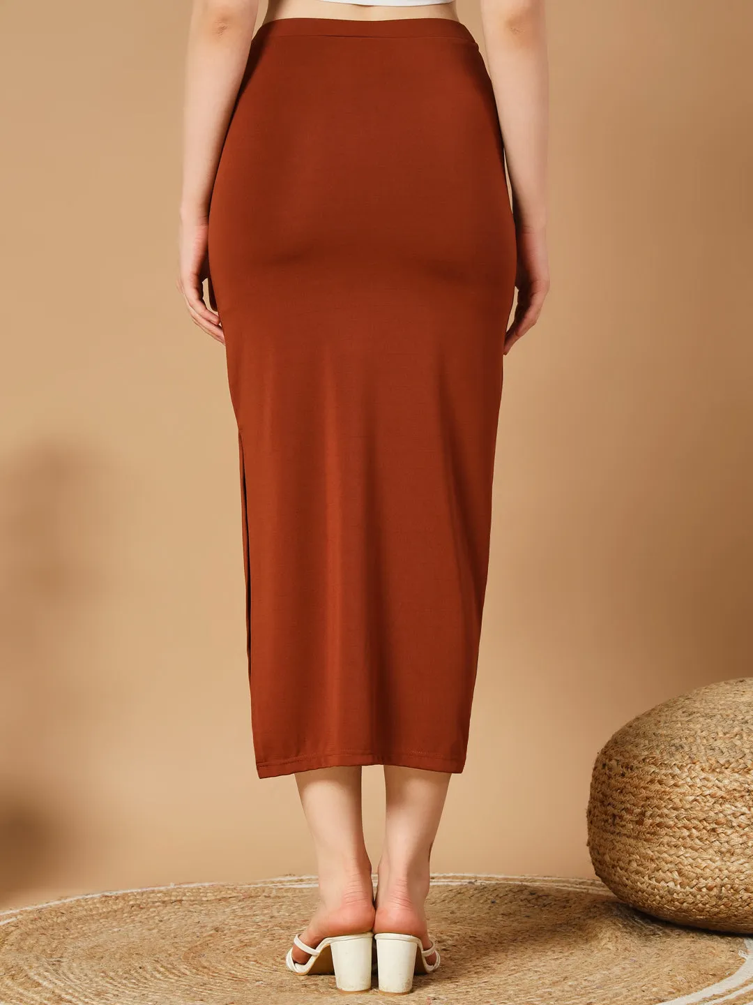 Brown Twist Waist Split Thigh Skirt