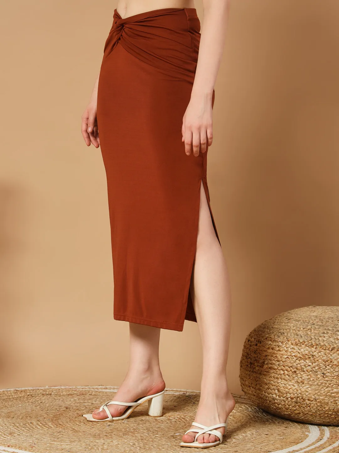 Brown Twist Waist Split Thigh Skirt