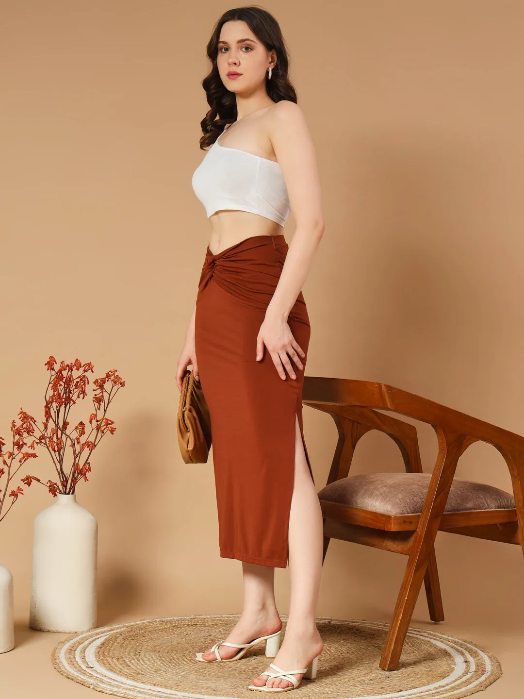 Brown Twist Waist Split Thigh Skirt