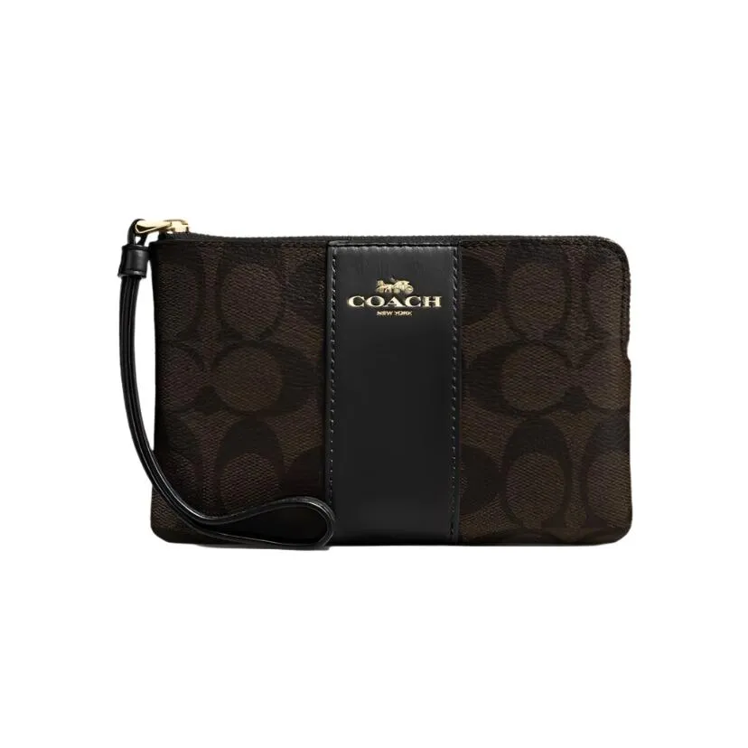 Coach Corner Zip Wristlet In Signature Canvas Brown/Black