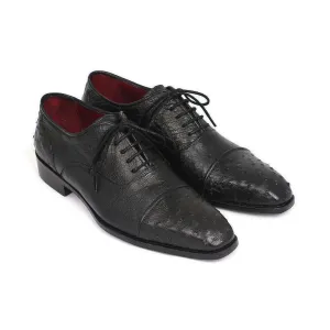 Paul Parkman Handmade Designer Shoes Men's Genuine Ostrich Captoe Black Oxfords (PM5465)