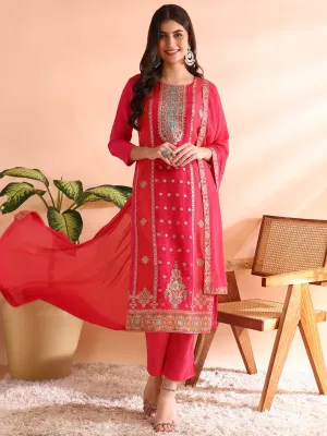 Pink Organza Ethnic Motifs Woven Design 3-Piece Kurta Set