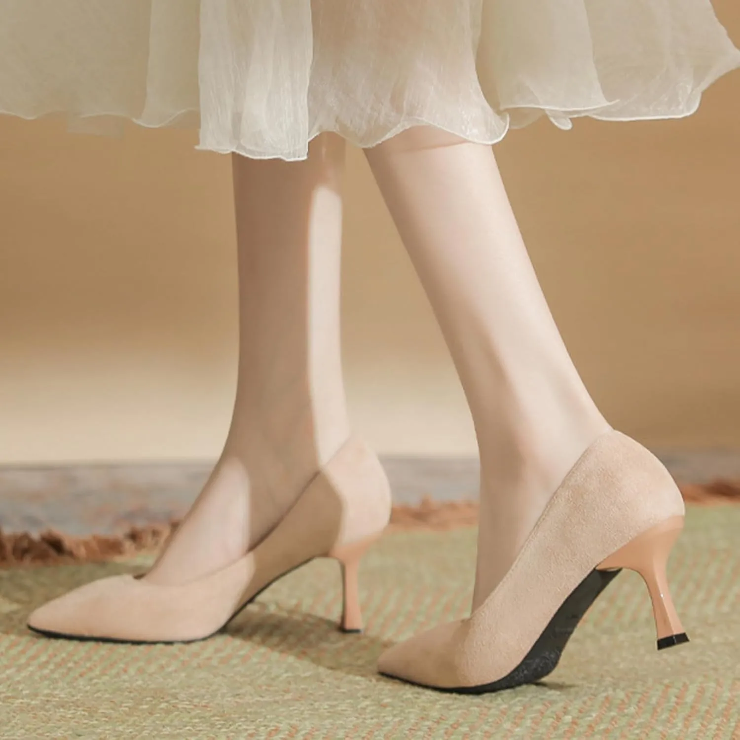 Women's Suede Pointed Toe Kitten Heel Pumps Classic Slip-On Mid Heel Office Business Dress Shoes Sexy Non-Slip Prom Party Wedding Shoes