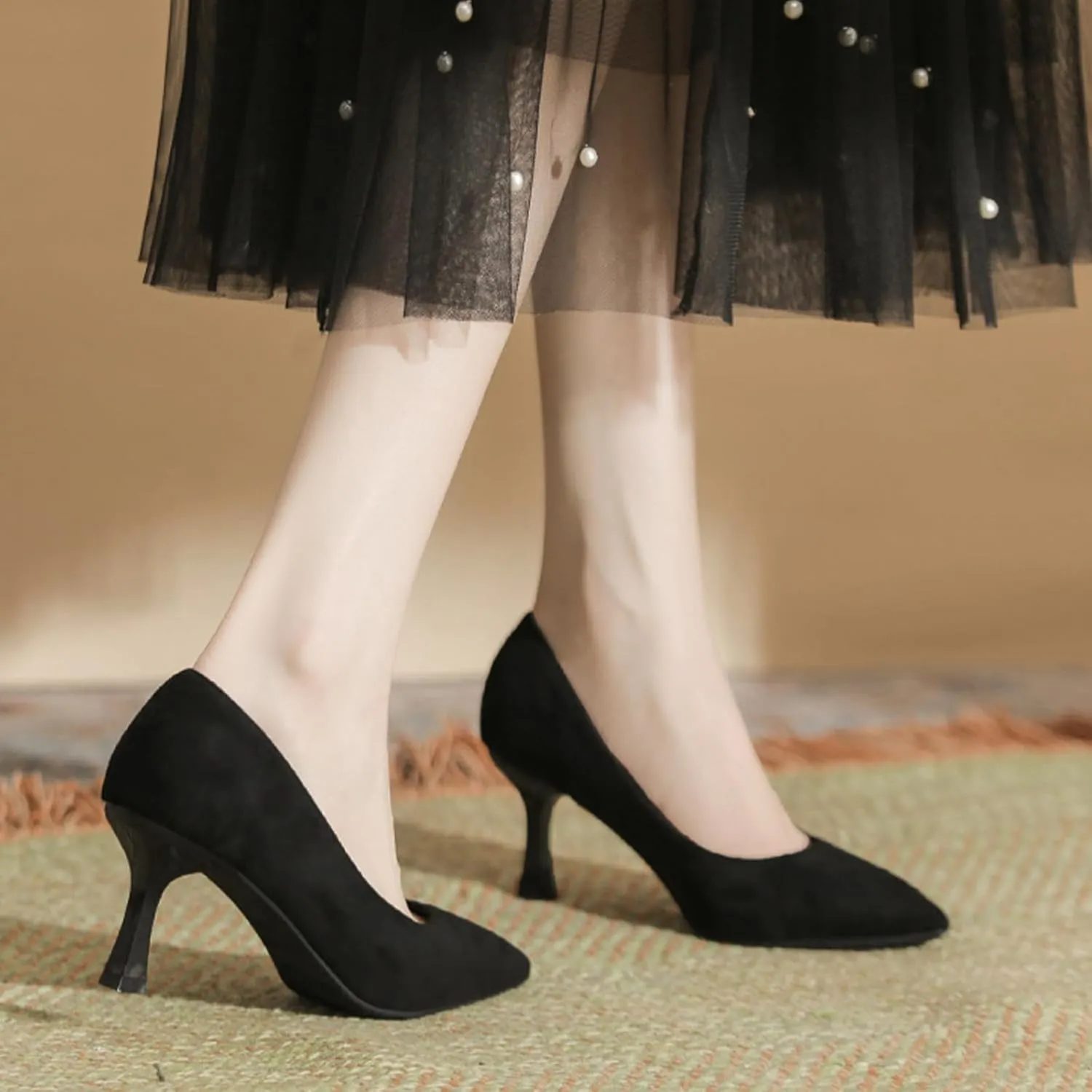 Women's Suede Pointed Toe Kitten Heel Pumps Classic Slip-On Mid Heel Office Business Dress Shoes Sexy Non-Slip Prom Party Wedding Shoes