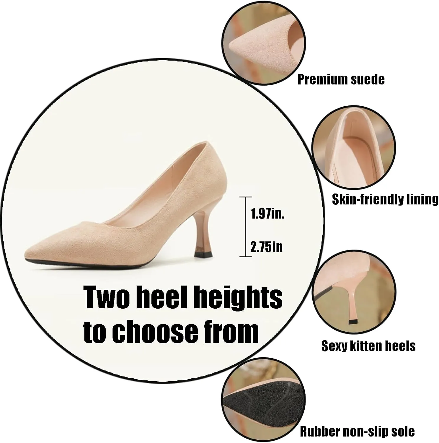 Women's Suede Pointed Toe Kitten Heel Pumps Classic Slip-On Mid Heel Office Business Dress Shoes Sexy Non-Slip Prom Party Wedding Shoes